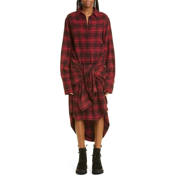 R13 Dresses & Skirts - R13 Tie Flannel Midi Shirt Dress Women XS Red Black Plaid Grunge Asymmetric